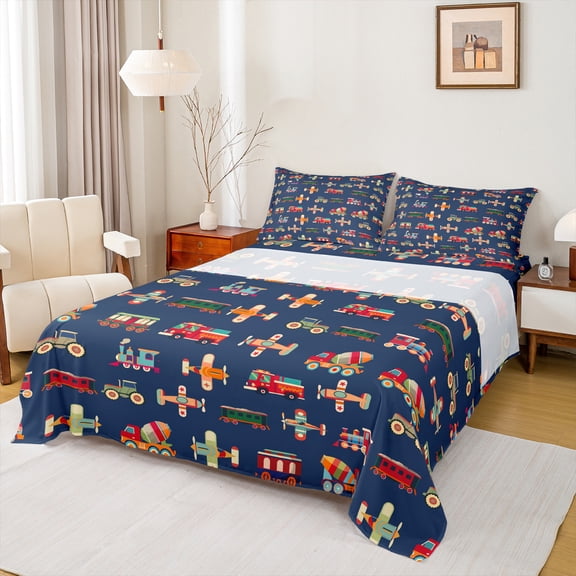 Homewish Aircraft Fire Truck Twin Sheet Sets,Kids Airplane Print Twin Fitted Sheet,Deepblue Red Orange 03 For Boys Teens,Breathable Home Decor,3 Pieces
