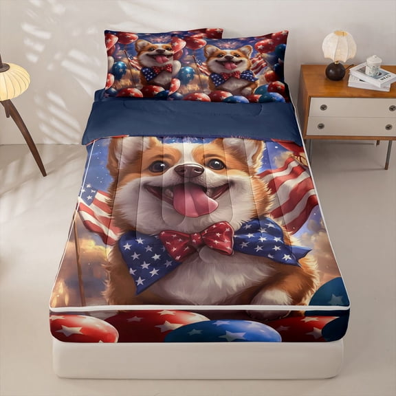Homewish American Flag Dog Zipper Queen Comforter Set with Fitted Sheet and 2 Pillowcases,Independence Day Zipper Bedding Set,Corgi Balloon Firework Decor,Navy Blue Reversible,4pcs