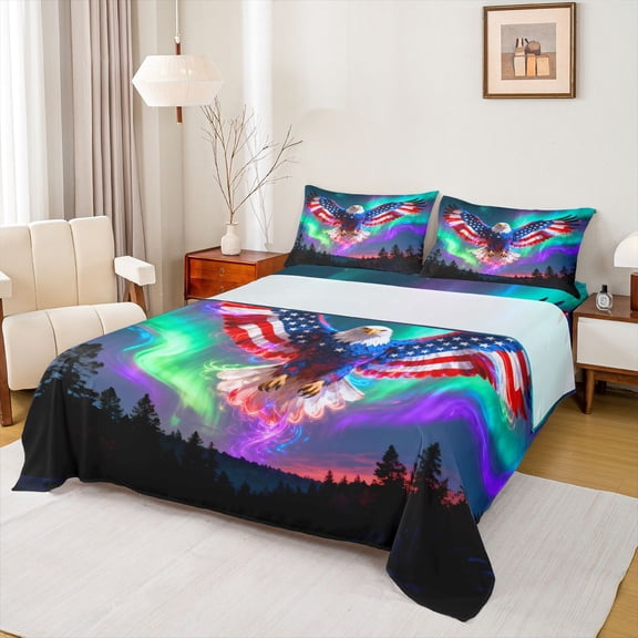 Homewish American Flag Owl Full Size Sheets for Teen, Mystic Aurora Bed Sheets, Rustic Farmhouse Sheet Sets, Ultra Soft Bedroom Decor, 4 Pieces