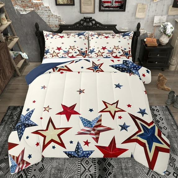 Homewish American Flag Stars Full Size Comforter Sets for Teen, Vintage Style Bedding Comforter Set, Dreamy Cartoon Theme Reversible Bedding Sets, Breathable Home Decor, 3-Piece