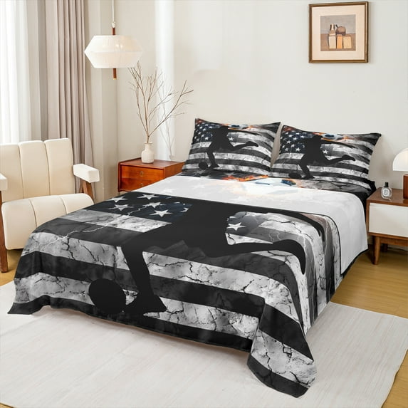 Homewish American Flag Twin Sheet Sets,Football Game Gaming Twin Fitted Sheet,Gray Black Flat Sheet For Boys Teens,Ultra Soft Home Decor,3-Piece