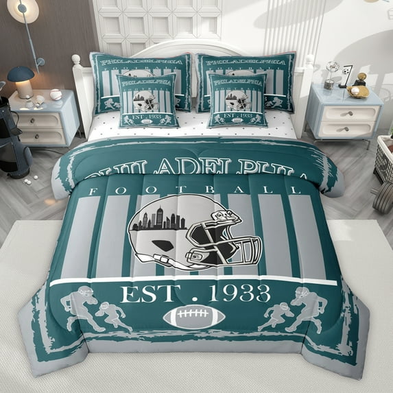Homewish Boys Ball Game 7-Piece Twin Bedding Sets,Philadelphia Rugby Bedding Comforter Set,Gray Green Sheet Sets For Boys Teens,Breathable Home Decor Reversible