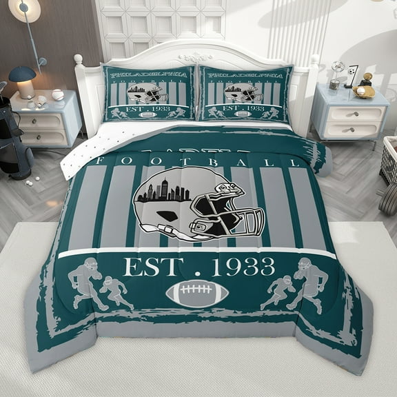 Homewish American Ball Game Bedding Comforter Set,Philadelphia Rugby Twin Comforter Sets,Gray Green Bedding Set For Boys Teens,Breathable Home Decor Reversible,2-Piece