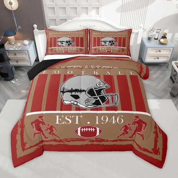 Homewish American Ball Game Queen Comforter Set,San Francisco Rugby Bedding Sets,Red Brown Bedding Comforter Set For Boys Teens,Breathable Home Decor Reversible,3pcs
