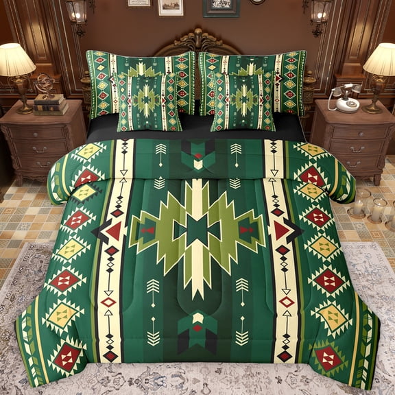 Homewish Ancient Bohemain Aztec 7-Piece Bedding Comforter Set,Rustic Western Tribal King Bedding Sets,Green Beige Bed Sheets For Kids,Luxury Bedroom Decor Reversible