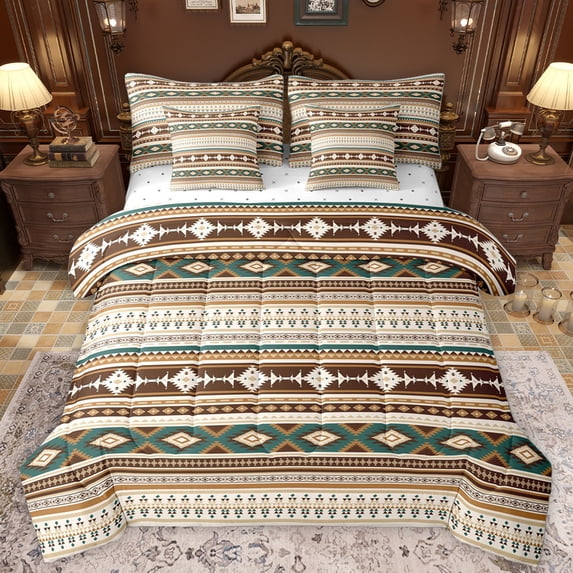 Homewish Ancient Bohemain Aztec 7-Piece Twin Bedding Sets,Rustic Western Tribal Bedding Comforter Set,Brown Beige Sheet Sets For Kids,Luxury Bedroom Decor Reversible