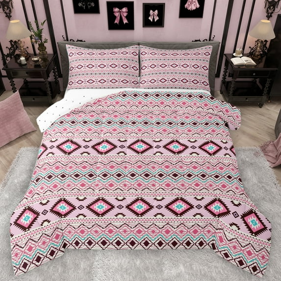 Homewish Ancient Bohemain Aztec Full Size Comforter Sets,Rustic Western Tribal Bedding Comforter Set,Pink Vintage Geometric Bedding Sets For Kids,Luxury Bedroom Decor Reversible,3-Piece