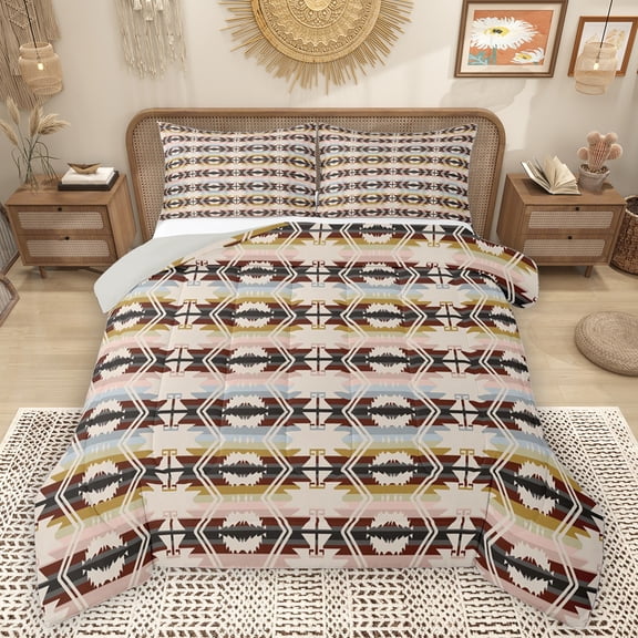 Homewish Ancient Bohemain Aztec Queen Comforter Set,Rustic Boho Tribal Bedding Sets,Brown Beige Bedding Comforter Set For Men Women,Super Cozy Room Decor Reversible,3pcs