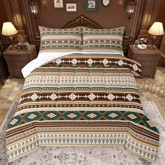 Homewish Ancient Bohemain Aztec Queen Comforter Set,Rustic Western Tribal Bedding Sets,Brown Beige Bedding Comforter Set For Kids,Luxury Bedroom Decor Reversible,3pcs