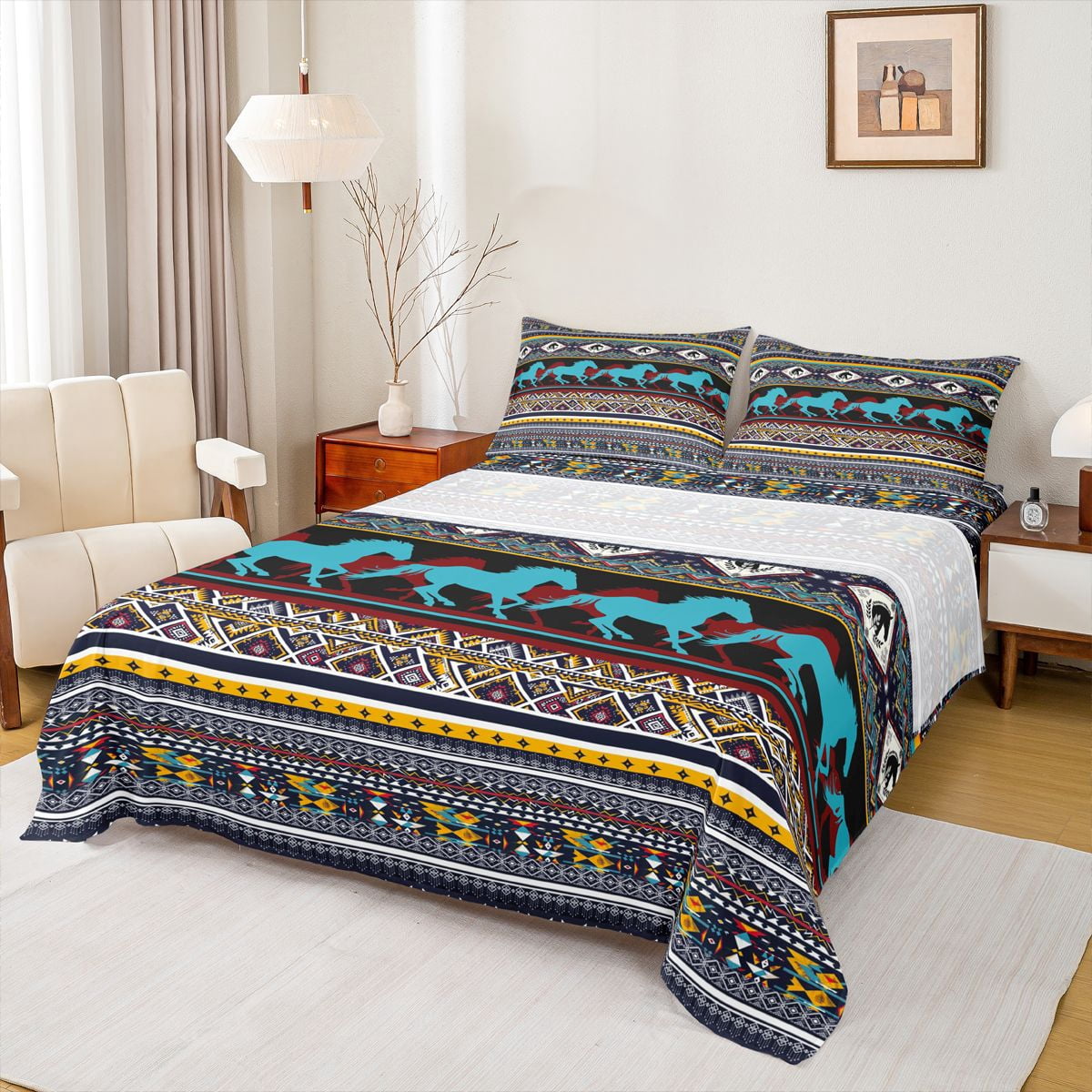 Homewish Ancient Boho Aztec Queen Sheet Sets,Western Cowboy Horse Flat ...