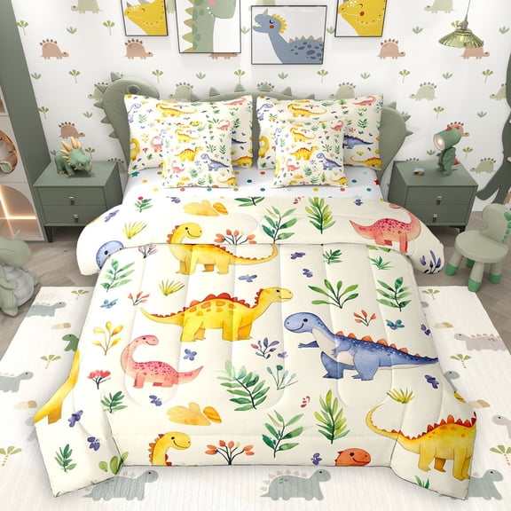 Homewish Ancient Dinosaur 7-Piece Twin Bedding Sets,Cartoon Dino Bedding Comforter Set,Beige Green Sheet Sets For Boys Teens,Breathable Home Decor Reversible