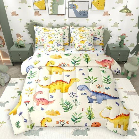 Homewish Ancient Dinsaur 7pcs Bedding Comforter Set,Cartoon Dino Queen Bedding Sets,Beige Green Queen Sheet Sets For Boys Teens,Breathable Home Decor Reversible