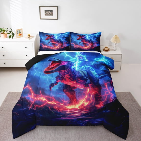 Homewish Ancient Dinosaur Bedding Comforter Set,Cartoon Dino Twin Comforter Sets,Orange Blue Bedding Set For Boys Teens,Breathable Home Decor Reversible,2-Piece