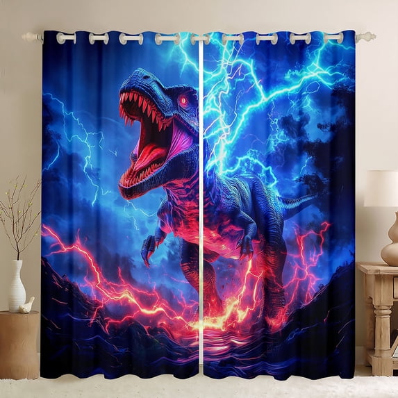 Homewish Ancient Dinosaur Black Out Curtains,Cartoon Dino Curtains Pack of 2 (42x63 Each),Orange Blue Bedroom Curtains For Boys Teens,Breathable Home Decor