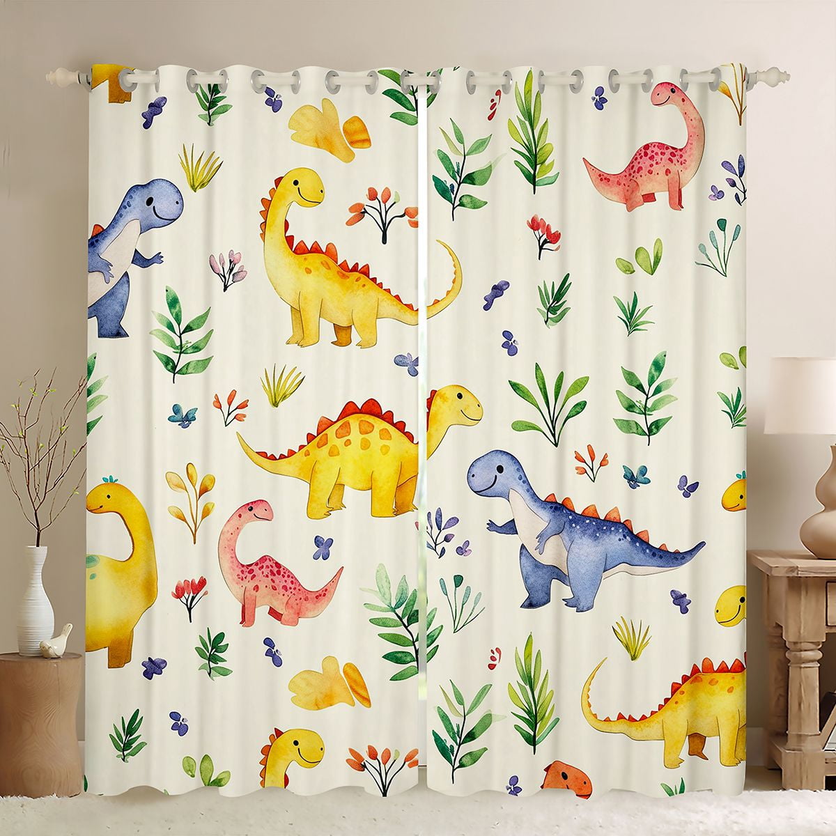 Homewish Ancient Dinosaur Curtains Pack of 2 (42x84 Each),Cartoon Dino Curtains Blackout,Beige Green Bedroom Curtains For Boys Teens,Breathable Home Decor