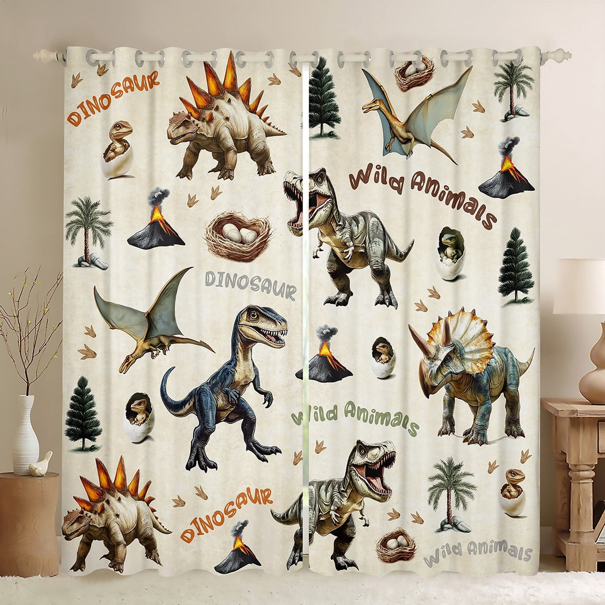 Homewish Ancient Dinosaur Curtains Pack of 2 (42x84 Each),Wild Dino Curtains Blackout,Beige Brown Bedroom Curtains For Boys Teens,Breathable Home Decor