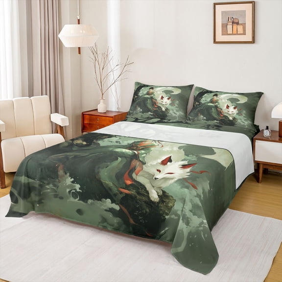 Homewish Ancient Princess Bed Sheets, Magical Fox Animal King Sheets, Vintage Japanese Style Sheet Set, Breathable Home Decor, 4 Pieces