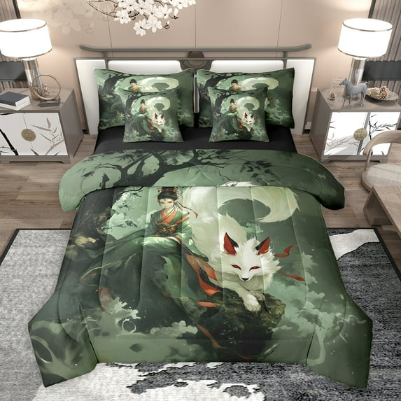 Homewish Ancient Princess Twin Bedding Sets 7-Piece, Magical Fox Animal Bedding Comforter Set, Vintage Japanese Style Reversible Sheet Sets, Breathable Home Decor