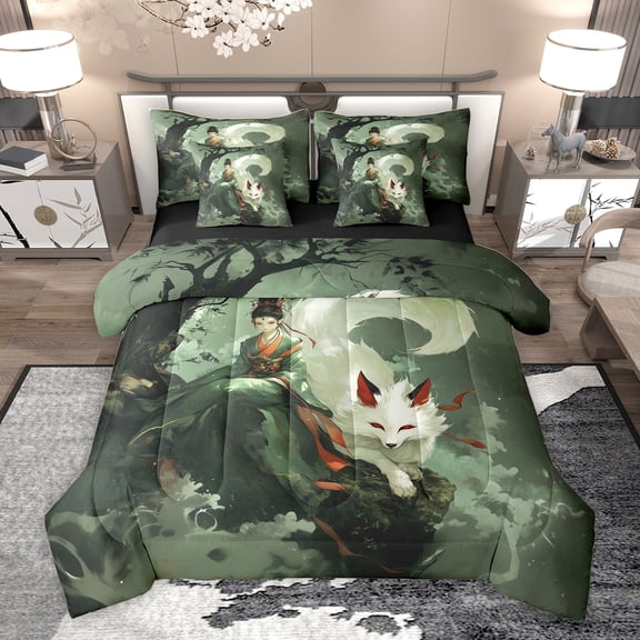 Homewish Ancient Princess Twin Bedding Sets 7-Piece, Magical Fox Animal Bedding Comforter Set, Vintage Japanese Style Reversible Sheet Sets, Breathable Home Decor