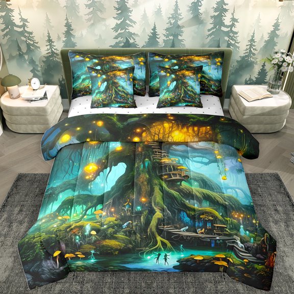 Homewish Ancient Tree 7-Piece Twin Bedding Sets,Rustic Fungus Mushroom Bedding Comforter Set,Tropical Botanical Sheet Sets For Girls Teens,Ultra Soft Home Decor Reversible