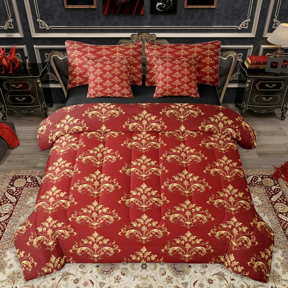 Homewish Ancientr Damask Jacquard 7-Piece Bedding Comforter Set,Baroque Print King Bedding Sets,Red Gold Bed Sheets For Boys Girls,Breathable Home Decor Reversible