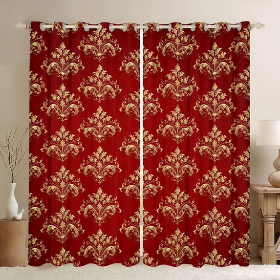 Homewish Ancientr Damask Jacquard Black Out Curtains,Baroque Print Curtains Pack of 2 (42x63 Each),Red Gold Bedroom Curtains For Boys Girls,Breathable Home Decor