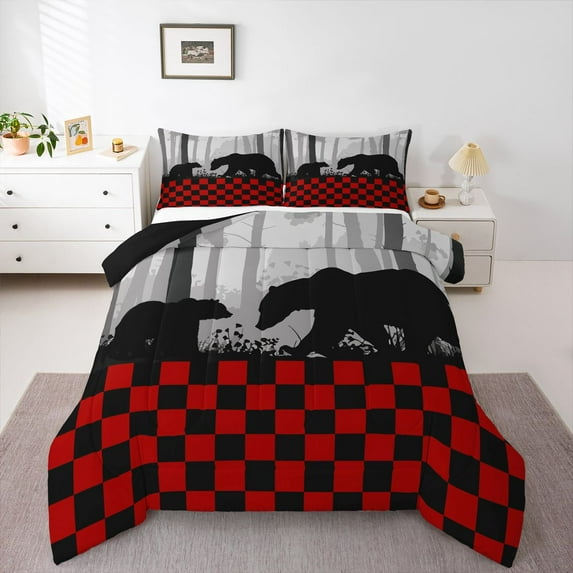 Homewish Animal Bear 2pcs Bedding Comforter Set for Teens Boys Girls,Black Red Grey Twin Comforter Sets,Geometric Plaid Breathable Bedding Set,Luxury Bedroom Decor,Reversible