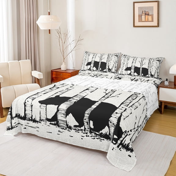 Homewish Animal Bear 3pcs Twin Sheet Sets for Female Men Teens,Black White Twin Fitted Sheet,Jungle Wildlife Breathable Flat Sheet,Lightweight Room Decor