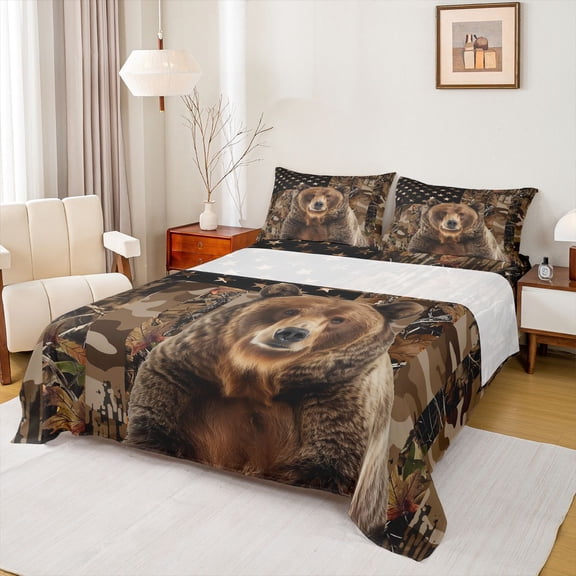 Homewish Animal Bear 4 Pieces Queen Sheet Sets for Female Men Adults,Tree Branches Ultra Soft Flat Sheet,Camouflage American Flag Queen Fitted Sheet,Lightweight Room Decor