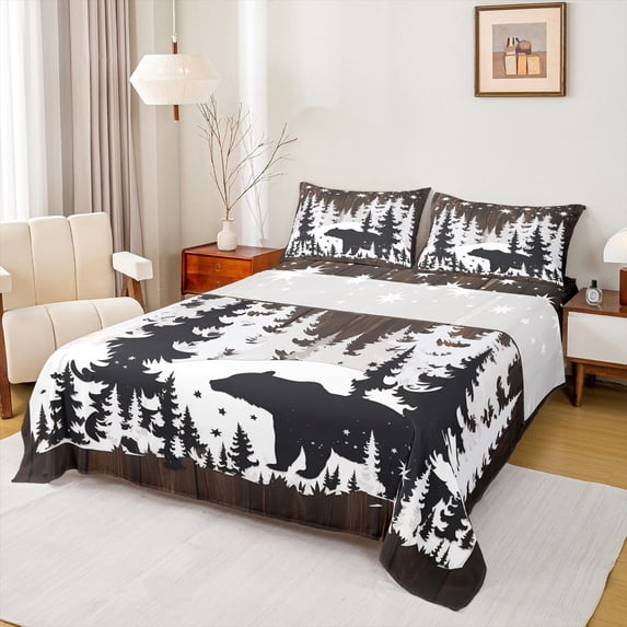 Homewish Animal Bear 4 Pieces Queen Sheet Sets for Teens Boys Girls,Jungle Wildlife Ultra Soft Flat Sheet,Retro Cabin Queen Fitted Sheet,Luxury Bedroom Decor