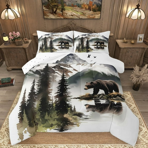 Homewish Animal Bear Bedding Comforter Set 2pcs for Teens Boys Girls,Jungle Wildlife Twin Comforter Sets Microfiber,Moutain Jungle Breathable Bedding Set,Luxury Bedroom Decor,Reversible