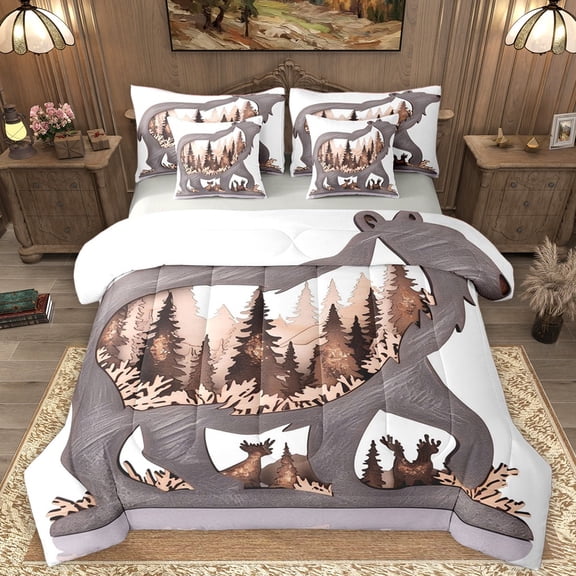 Homewish Animal Bear Bedding Comforter Set 7-Piece for Teens Boys Girls,Jungle Wildlife King Bedding Sets,Moutain Jungle Ultra Soft Bed Sheets,Luxury Bedroom Decor,Reversible