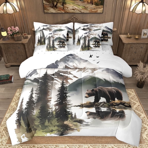 Homewish Animal Bear Bedding Comforter Set 7pcs for Teens Boys Girls,Jungle Wildlife Queen Bedding Sets Super Cozy,Moutain Jungle Queen Sheet Sets,Luxury Bedroom Decor,Reversible