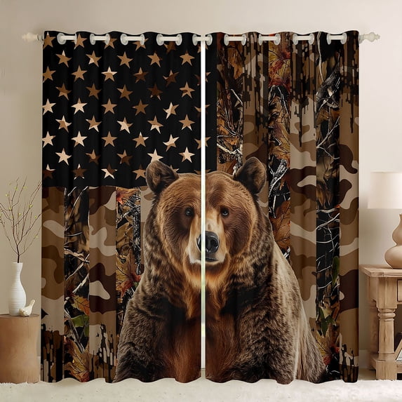Homewish Animal Bear Black Out Curtains for Female Men Adults,Tree Branches Curtains Pack of 2 (42x63 Each),Camouflage American Flag Bedroom Curtains,Lightweight Room Decor