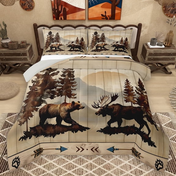 Homewish Animal Bear Deer 3 Pieces Queen Comforter Set for Female Men Adults,Retro Lodge Cabin Ultra Soft Bedding Sets,Jungle Woodland Wildlife Bedding Comforter Set Breathable