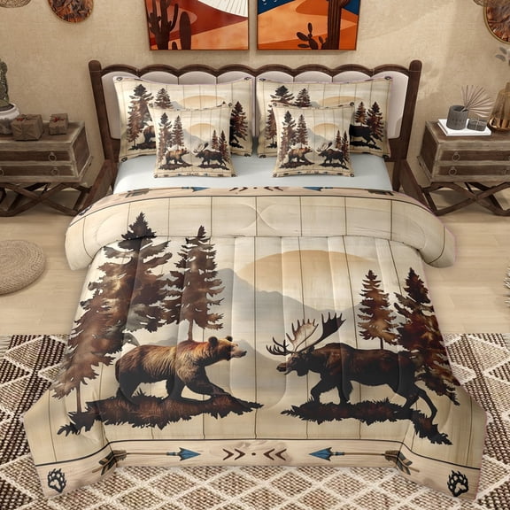 Homewish Animal Bear Deer Twin Bedding Sets 7-Piece for Female Men Adults,Retro Lodge Cabin Bedding Comforter Set Microfiber,Jungle Woodland Wildlife Breathable Sheet Sets,Lightweight Room Decor