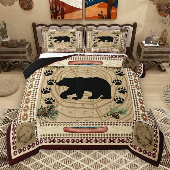 Homewish Animal Bear Full Size Comforter Sets 3-Piece for Female Men Adults,Retro Vintage Bedding Comforter Set,Jungle Woodland Wildlife Lightweight Bedding Sets,Lightweight Room Decor,Reversible