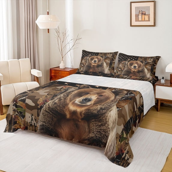 Homewish Animal Bear Full Size Sheets 4-Piece for Female Men Adults,Tree Branches Breathable Bed Sheets,Camouflage American Flag Lightweight Sheet Sets,Lightweight Room Decor