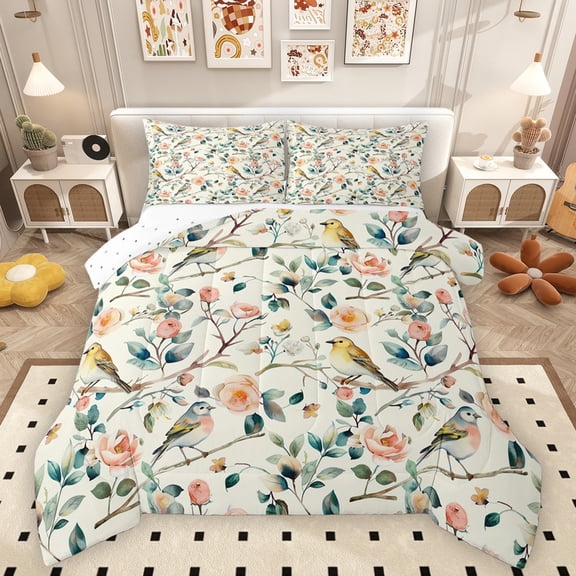 Homewish Animal Birds Bedding Comforter Set 2pcs for Teens,Spring Garden Twin Comforter Sets Microfiber,Chic Flowers Breathable Bedding Set,Luxury Bedroom Decor,Reversible