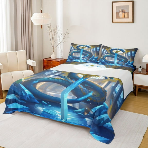 Homewish Animal Blue Dragon Boy 3pcs Twin Sheet Sets,Abstract Lightsaber Twin Fitted Sheet,Magical Wildlife Breathable Flat Sheet,Luxury Bedroom Decor