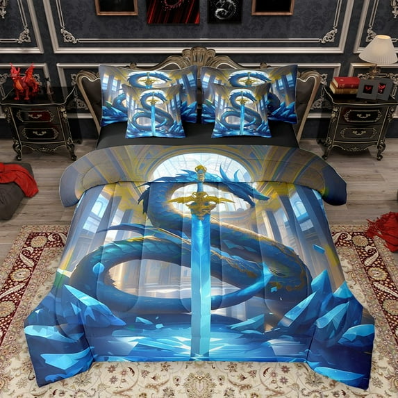 Homewish Animal Blue Dragon Boy 7-Piece Twin Bedding Sets,Abstract Lightsaber Bedding Comforter Set,Magical Wildlife Breathable Sheet Sets,Luxury Bedroom Decor,Reversible