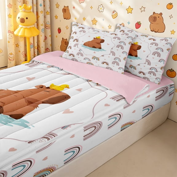 Homewish Animal Capybara Duck Zipper Twin Comforter Sets with Fitted Sheet and 2 Pillowcases for Boys Girls, Cartoon Rainbow Zipper Bedding Set,4-Piece,Pink Reversible