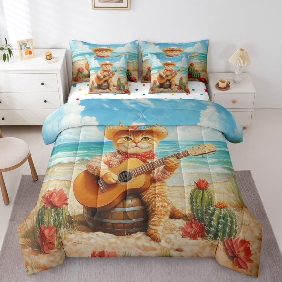 Homewish Animal Cat 7-Piece Bedding Comforter Set For Teens Boys Girls,Music Guitar King Bedding Sets,Botanical Flower Cactus Ultra Soft Bed Sheets,Breathable Home Decor,Reversible
