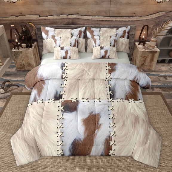 Homewish Animal Cattle Print Bedding Comforter Set 7-Piece for Teenagers,Retro Vintage Aesthetic King Bedding Sets,Geometric Plaid Grid Patchwork Ultra Soft Bed Sheets,Breathable Home Decor