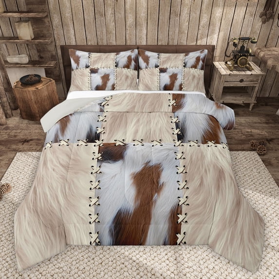 Homewish Animal Cattle Print Full Size Comforter Sets 3-Piece for Teenagers,Retro Vintage Aesthetic Bedding Comforter Set,Geometric Plaid Grid Patchwork Lightweight Bedding Sets
