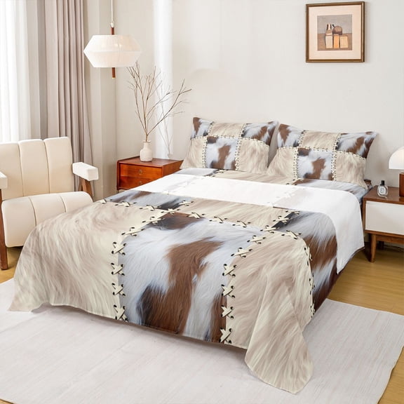 Homewish Animal Cattle Print Twin Sheet Sets 3pcs for Teenagers,Retro Vintage Aesthetic Twin Fitted Sheet Microfiber,Geometric Plaid Grid Patchwork Breathable Flat Sheet,Breathable Home Decor