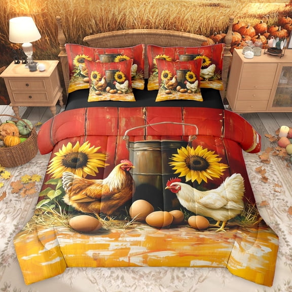 Homewish Animal Chicken Twin Bedding Sets 7-Piece for Female Men Adults,Chic Floral Sunflower Bedding Comforter Set Microfiber,Farmhouse Animal Breathable Sheet Sets,Lightweight Room Decor