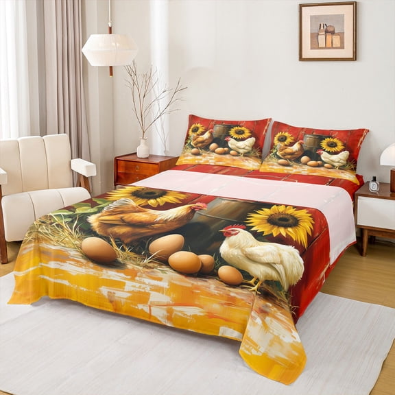 Homewish Animal Chicken Twin Sheet Sets 3pcs for Female Men Adults,Chic Floral Sunflower Twin Fitted Sheet Microfiber,Farmhouse Animal Breathable Flat Sheet,Lightweight Room Decor