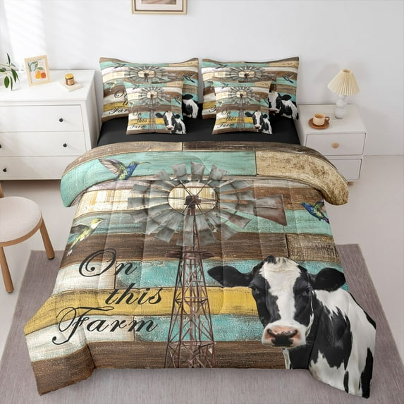 Homewish Animal Cow 7-Piece King Bedding Set - Rustic Cabin Windmill