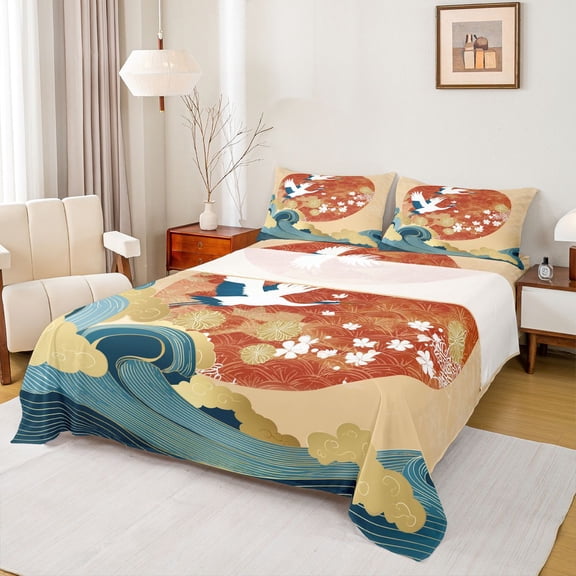 Homewish Animal Crane 4pcs Bed Sheets for Teens Boys Girls,Japanese Style King Sheets,Oriental Ukiyoe Super Cozy Sheet Set,Lightweight Room Decor